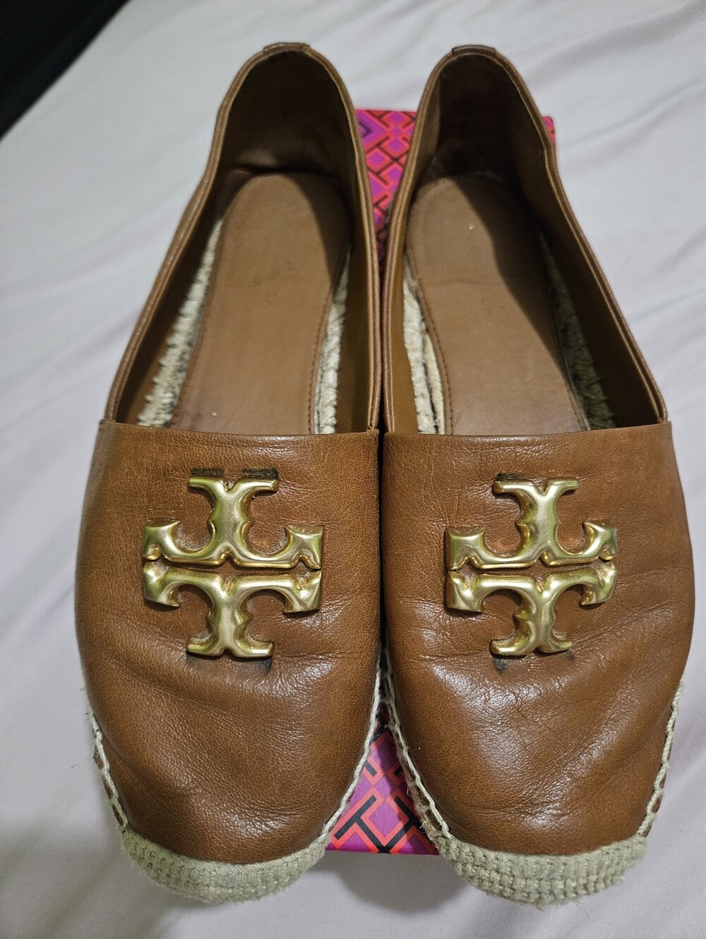 Tory Burch Brown Leather Espadrille Loafers with Gold Logo